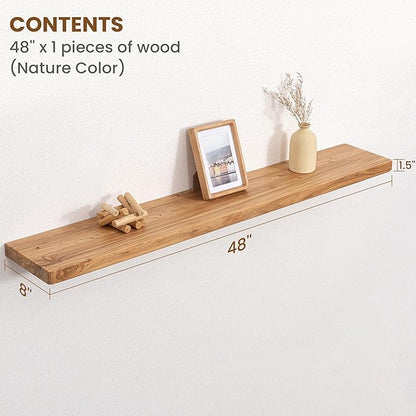 Floating Shelves for Wall, 48"Wx8"D Rustic Solid Elm Wood Floating Shelves Wall Mounted, Round Edge Wall Shelves with Invisible Bracket for Living Room Bathroom Bedroom Kitchen, Set of 1, Natural