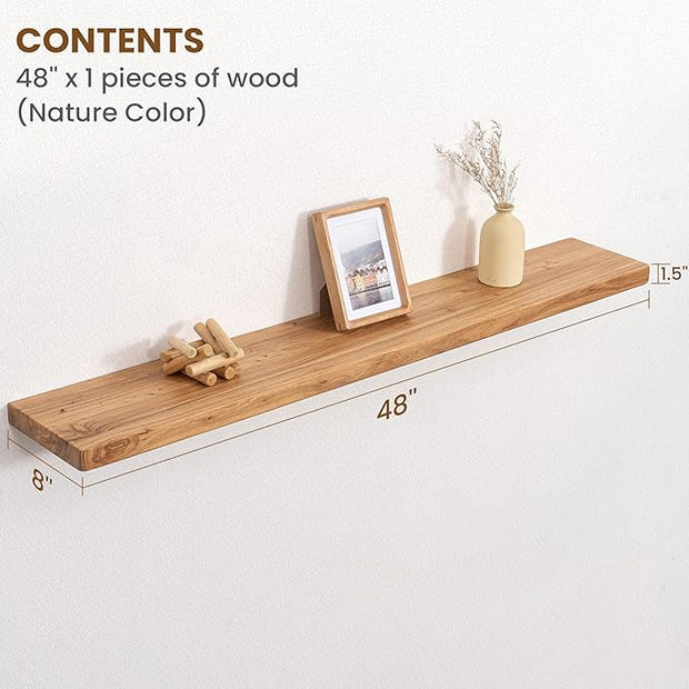 Floating Shelves for Wall, 48"Wx8"D Rustic Solid Elm Wood Floating Shelves Wall Mounted, Round Edge Wall Shelves with Invisible Bracket for Living Room Bathroom Bedroom Kitchen, Set of 1, Natural