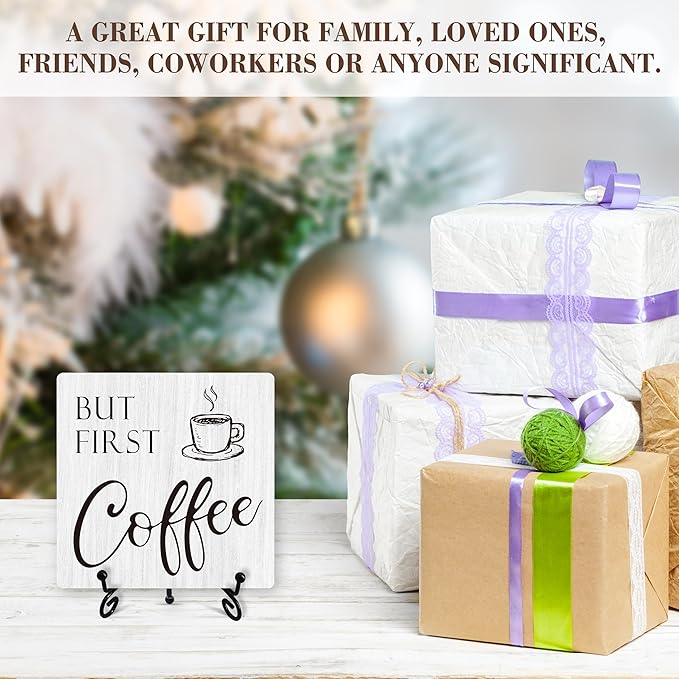 Coffee Sign Desk Decor, But First Coffee Sign With Iron Stand, Coffee Wood Plaque For Coffee Station Coffee Shop Home Kitchen Cafe Office, Farmhouse Coffee Bar Desk Shelf Decoration -02