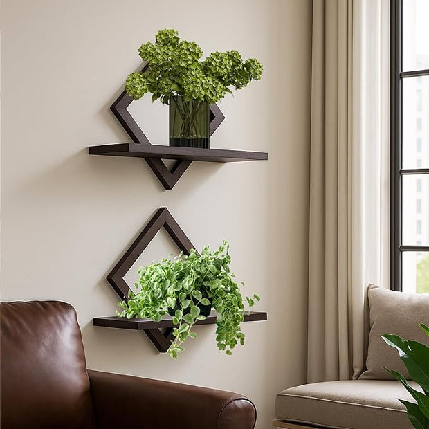 Floating Shelves for Wall,Decorative Wall Shelf,Hanging Shelf for Plants Storage Display Holder,Indoor Decor for Living Room Home Office Bathroom Bedroom,Solid Wood,Diamond Shaped,2 Pack(Walnut)