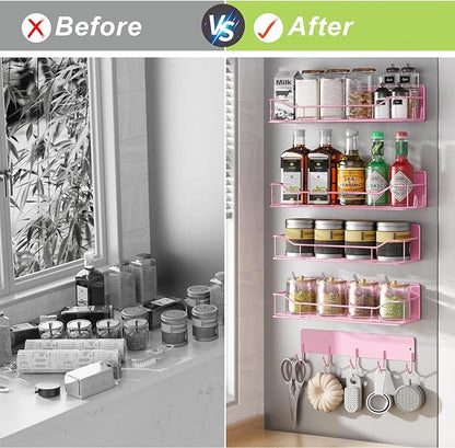 Magnetic Spice Rack for Refrigerator, 5 Pack Metal Strong Magnet Spice Organizer Shelves with Hook Rack, Space Saving Magnetic Fridge Shelf for Home Kitchen Organization and Storage (Pink)
