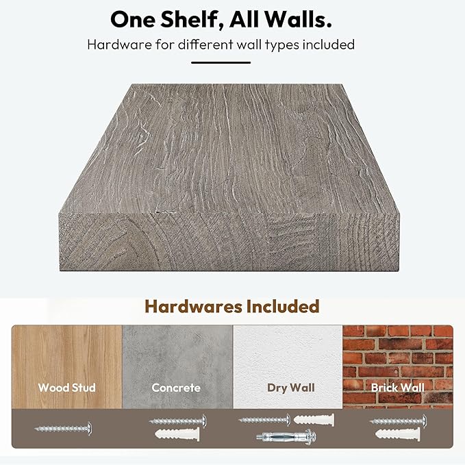 Vivelove Elm Wood Floating Shelves, Wooden Shelves for Wall with Invisible Bracket for Living Room Bedroom Bathroom Office Book, Rustic Farmhouse Display Shelf, 48 Inch Set of 1- Grey