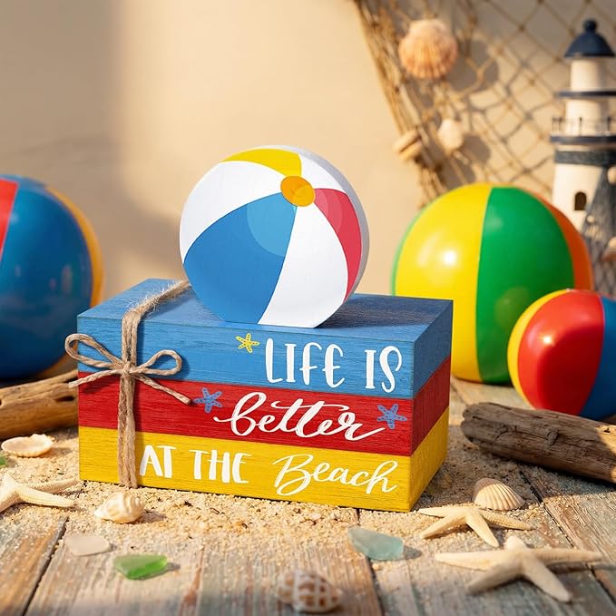 Geelin 4 Pcs Summer Beach Wooden Book Stack Signs, Life is Better at The Beach Tiered Tray Decor, Coastal Nautical Table Shelf Centerpiece for Home Kitchen Living Room House Decorations
