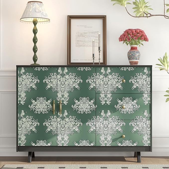FunStick Damask Wallpaper Peel and Stick Vintage Green Victorian Wallpaper Removable Antique Dark Floral Wall Paper for Bathroom Waterproof Beige Damask Contact Paper for Walls Cabinets 17.5"x118"