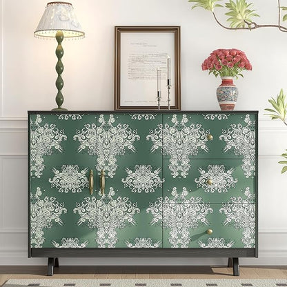 FunStick Damask Wallpaper Peel and Stick Vintage Green Victorian Wallpaper Removable Antique Dark Floral Wall Paper for Bathroom Waterproof Beige Damask Contact Paper for Walls Cabinets 17.5"x118"