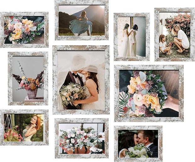 LUCKYLIFE Picture Frame Set 10-Pack, Gallery Wall Frame Collage with 8x10 5x7 4x6 Frames in Distressed White Finishes