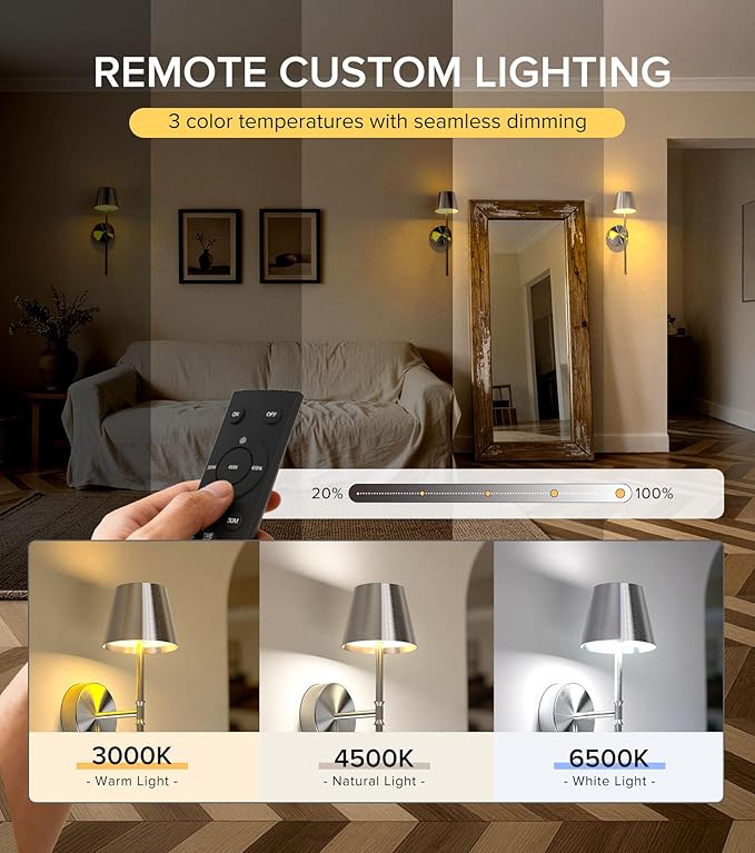 UME Wireless Sconces Set of 2 with Remote, 5200mAh Battery Powered Sconces - Small Rechargeable Sconces w/ 3 Color Temps & 5 Brightness Levels for Bedroom, Living Room, Wall Painting, Cafe (Silver)