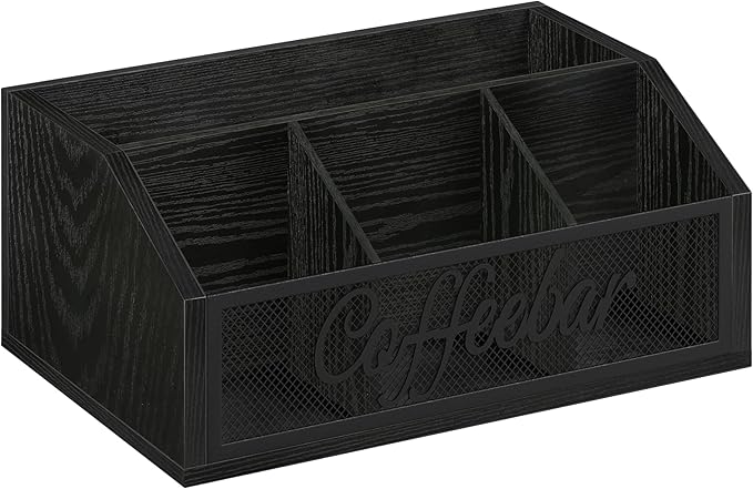 YINMIT Coffee Station Organizer for Countertop, Wood Coffee Bar Organizer with Removable Dividers for Pods, Syrup, Cups, Stirrer, Tea - Office Bar Accessories, Iron Mesh-Black