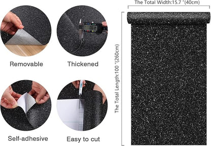 CHIHUT Glitter Black Wallpaper 15.7''x100'' Peel and Stick Wallpaper Self Adhesive Removable Black Glitter Wallpaper Stick and Peel for Bedroom Walls Fabric Contact Paper for Cabinets Drawer Dresser