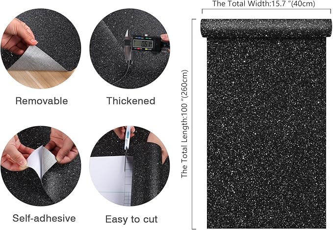 CHIHUT Glitter Black Wallpaper 15.7''x100'' Peel and Stick Wallpaper Self Adhesive Removable Black Glitter Wallpaper Stick and Peel for Bedroom Walls Fabric Contact Paper for Cabinets Drawer Dresser