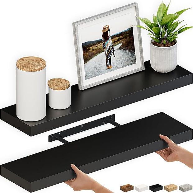 Ballucci Floating Shelves, 36" Wood Wall Shelf Set of 2, with Invisible Brackets for Bathroom, Living Room, Bedroom, Kitchen, Nursery, 6" Deep, Black