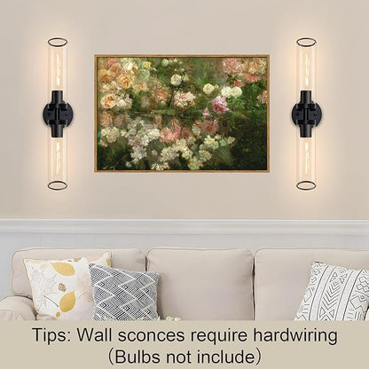 Black Wall Sconces, Set of 2, 22'' Modern Vanity Lights Fixture for Bathroom with Clear Glass, Wall Sconces Lighting, for Living Room/Bathroom Hallway Mirror/Bedroom (Bulbs Not Included)