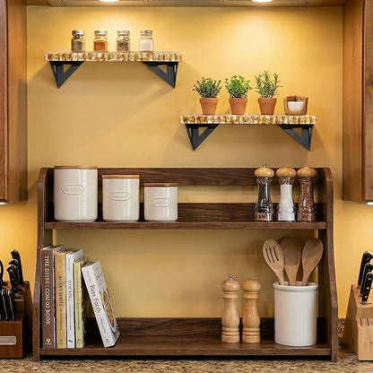 Hanging Wall Shelves Set of 2 - Wood Wall Shelves with Gold Accents for Bathroom, Bedroom, Living Room - Heavy Duty Wall Mounted Storage & Decor Shelves with Metal Brackets, Easy Install