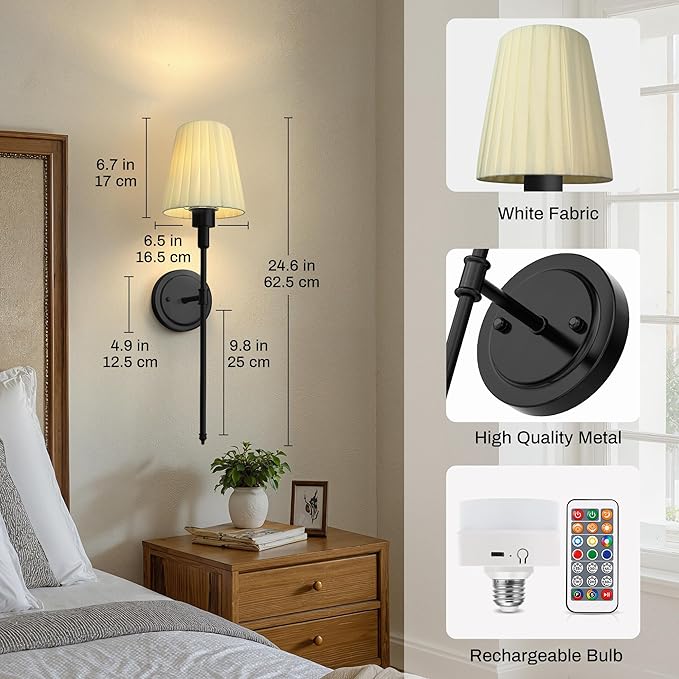 DORESshop Battery Operated Wall Sconce Set of 2, 10 Color Wireless Wall Light Easy to Install, Sconce Wall Decor Set of 2 for Bedroom, Living Room, Pleated Fabric Shade, Black, 24.6in