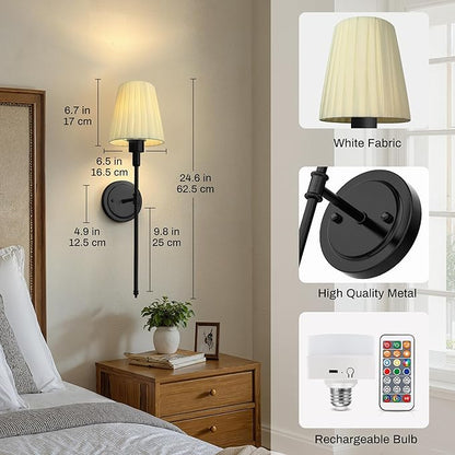 DORESshop Battery Operated Wall Sconce Set of 2, 10 Color Wireless Wall Light Easy to Install, Sconce Wall Decor Set of 2 for Bedroom, Living Room, Pleated Fabric Shade, Black, 24.6in