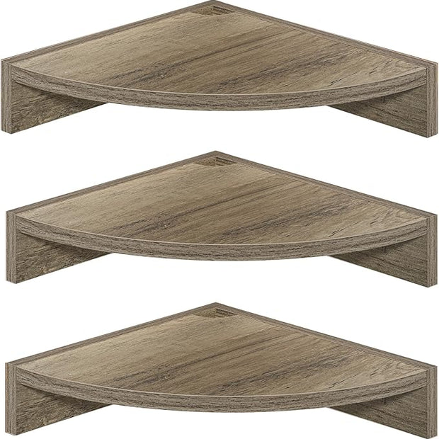 Fun Memories Corner Shelf Wall Mount, Wood Floating Corner Shelves,Corner Wall Shelf for Bedroom, Bathroom, Kitchen, Living Room (Grey, 3 Pack)