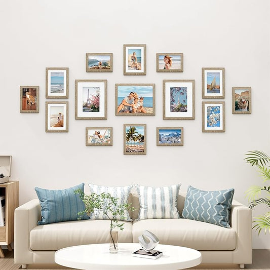 Vittanly 15 Pack Picture Frames Collage Wall Decor, Multi Sizes Including 3pcs 8x10, 6pcs 5x7 and 6pcs 4x6 Photo Frames, Gallery Frame Set for Wall or Tabletop Display, Light Wood