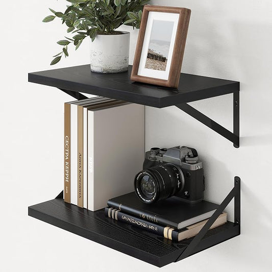 Axeman Deep Floating Shelves - 20 Inch Black Floating Shelves Set of 2-12 Inch Deep Wood Wall Shelves for Living Room Bathroom Kitchen