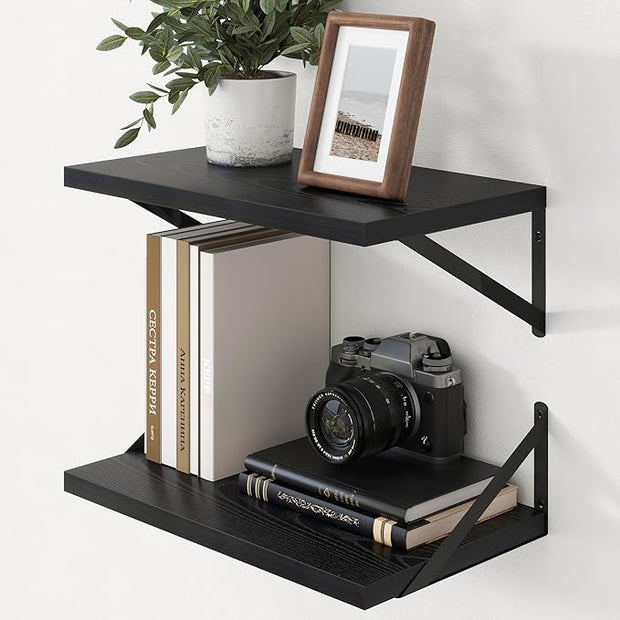 Axeman Deep Floating Shelves - 20 Inch Black Floating Shelves Set of 2-12 Inch Deep Wood Wall Shelves for Living Room Bathroom Kitchen