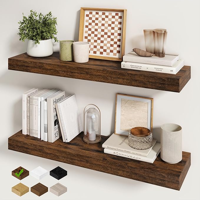 Fun Memories 30Inch Floating Shelves for Wall, 2 Pack Rustic Wood Shelves for Bathroom|Kitchen Wall Mounted Floating Shelf with Invisible Brackets for Books|Storage|Decor, Brown
