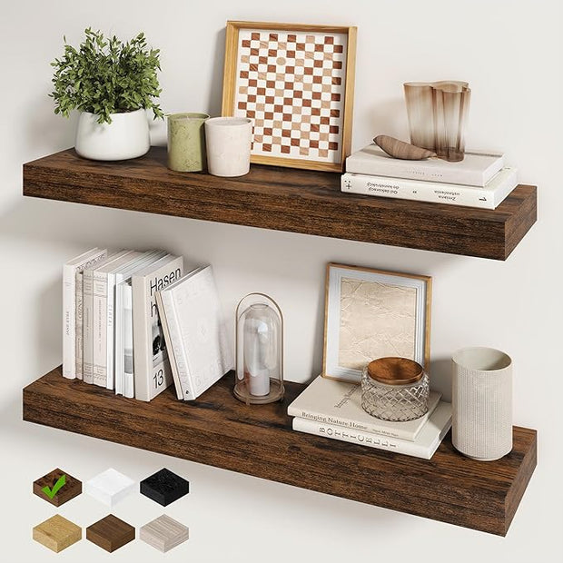 Fun Memories 30Inch Floating Shelves for Wall, 2 Pack Rustic Wood Shelves for Bathroom|Kitchen Wall Mounted Floating Shelf with Invisible Brackets for Books|Storage|Decor, Brown