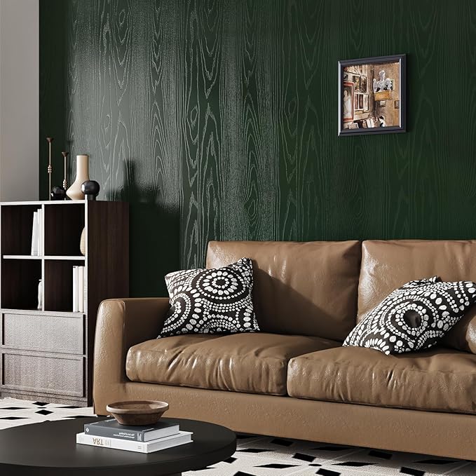Wallercity Dark Green Wood Grain Wallpaper Blackish-Green Peel and Stick Countertops Contact Paper Deep Green Wood Look Contact Paper Thicken Textured Vinyl Film for Desk Cabinets Decor 15.8''x78.7''