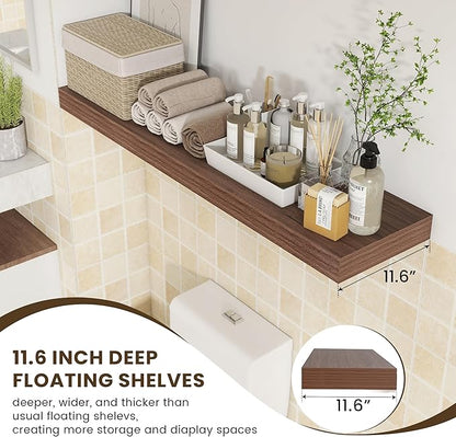 48 Inch Walnut Floating Shelf | 12 Inch Deep Floating Shelves Set of 1 | 48" D x 12" D Rustic Wood Shelves for Wall | Deep Walnut Shelves for Living Room Bathroom Laundry Room Kitchen