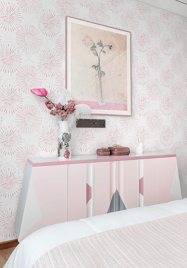 Peel and Stick Wallpaper Geometric Boho Wall Paper White Pink Fireworks Contact Paper 17.3"×78.7" Self-Adhesive Round Wallpaper for Bedroom Waterproof Removable Shelf Liner Decal Vinyl Roll