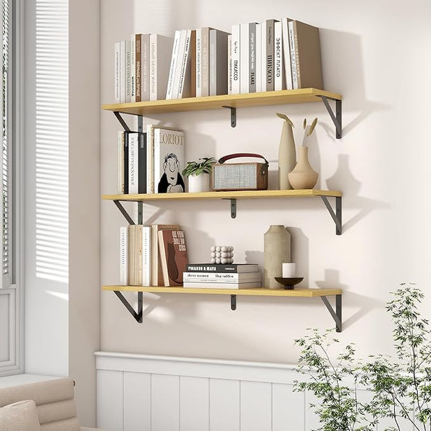 Axeman 32 Inch Floating Shelves | 8 Inch Deep Oak Wall Shelves Set of 2 | 31.5W x 8D Rustic Wood Shelves for Bookshelf Living Room Bedroom Home Office Bathroom