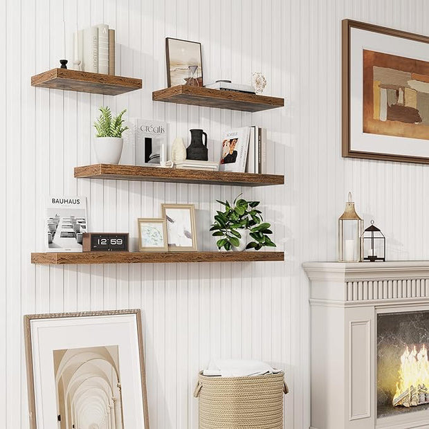 Marsmiles 40in Floating Shelves for Wall, 40" W x 9.25" D x 1.25" H, 2 Pack Long Wall Mounted Engineered Wood Shelves with Invisible Brackets for Living Room, Bedroom, Bathroom, Kitchen, Rustic Brown