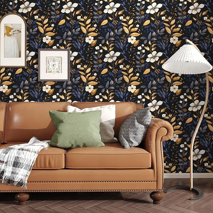 Blue/Gold Leaf Wallpaper Peel and Stick Vintage Dark Floral Wallpaper Waterproof Self Adhesive Removable Boho Wall Paper Modern for Bedroom Walls Drawer Cabinet 17.5in x393in