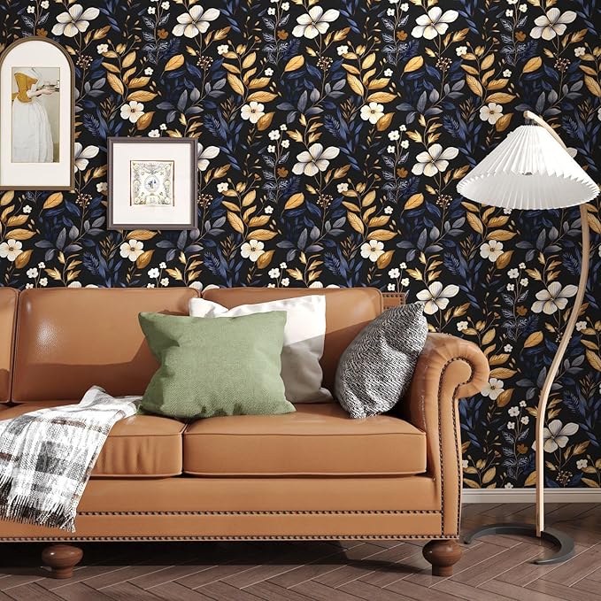 Vintage Dark Floral Wallpaper Peel and Stick Blue/Gold Leaf Wallpaper Waterproof Self Adhesive Removable Boho Wall Paper Modern for Bedroom Walls Drawer Cabinet 17.5in x 197in