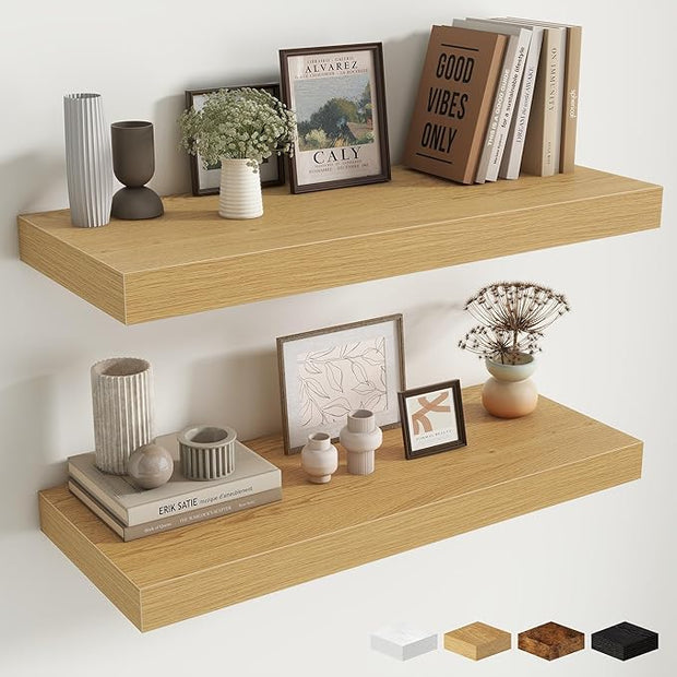 Fun Memories 12 Inch Deep Floating Shelves for Wall, 30 Inch Long Floating Shelf, 30 x 12 Shelf for Wall, Rustic Wood Bookshelves, Hanging Shelves for Bathroom Kitchen Bedroom, Oak, Set of 2