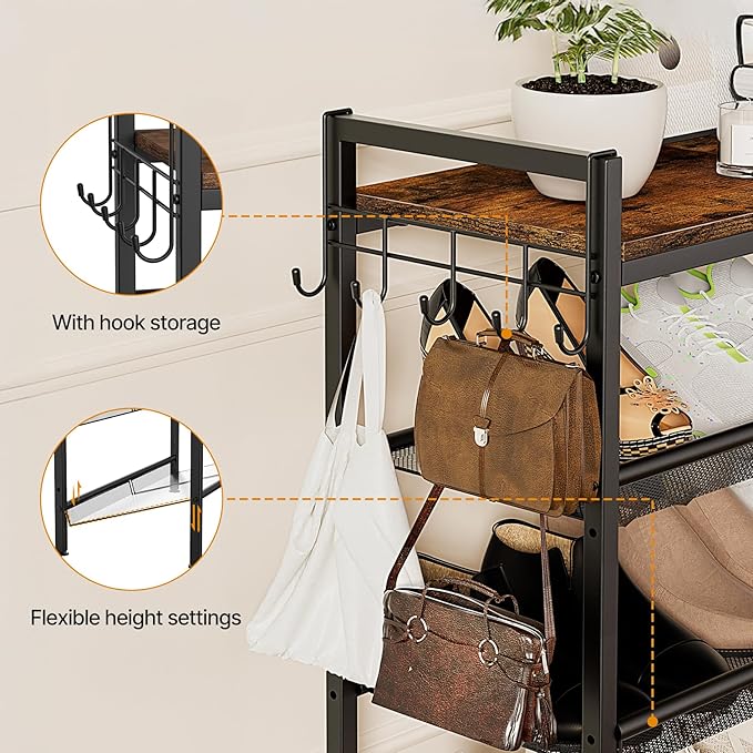 5 Tier Shoe Rack, Shoe Rack for Front Door Entrance with Hook, Shoe Organizer with Adjustable Mesh Shelves, Metal Shoes Rack for Entryway, Closet, Bedroom Living Room Garage