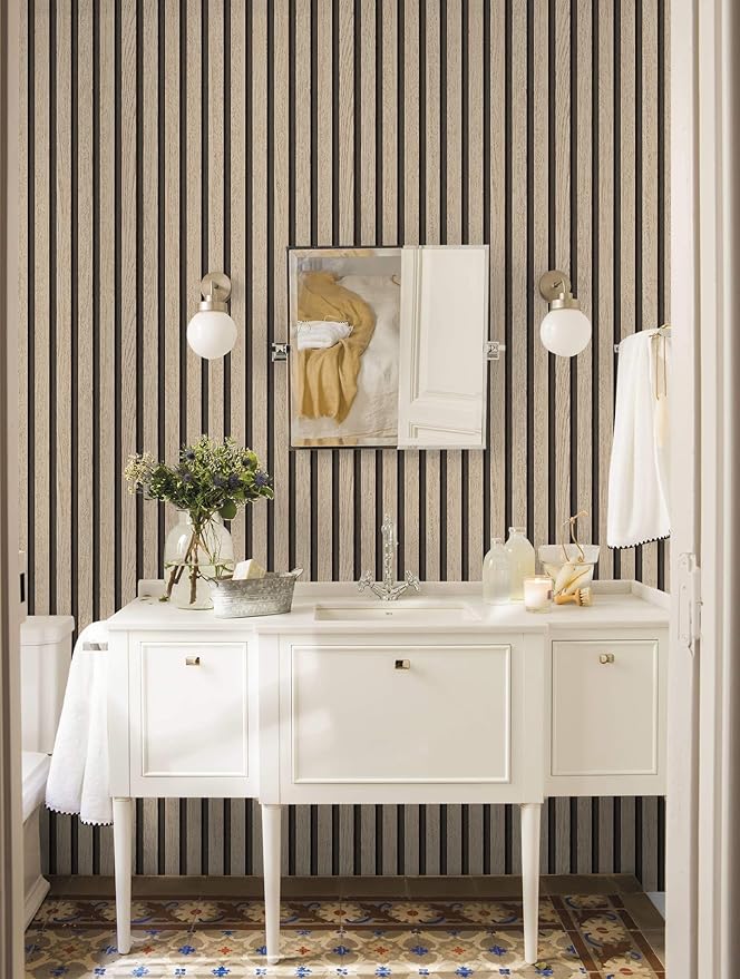 Wallpaper Peel and Stick Wood Grating Stripe Self-Adhesive Wallpaper Faux Wood Contact Paper Wood Slats Self Adhesive Wall Paper PVC Vinyl Film Removable Waterproof 17.3