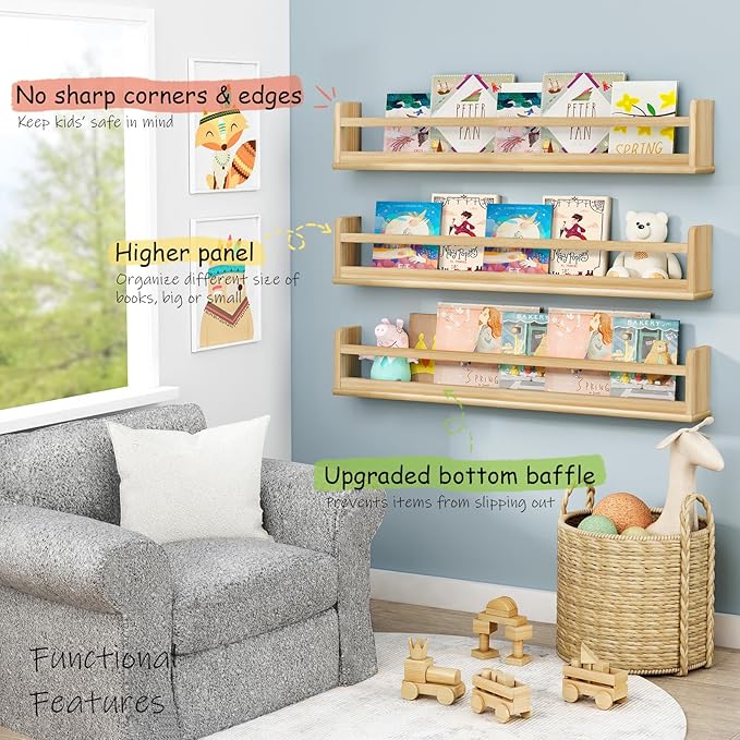 Wooden Wall Bookshelf for Kids Room, Large Nursery Floating Shelves for Kids Bedroom, Natural Wood Wall Mounted Bookshelves for Baby Toddler Classroom Library Books (36 Inch Long, 3-Pack)