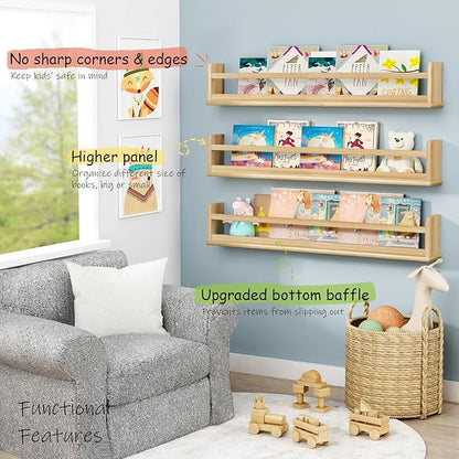 Wooden Wall Bookshelf for Kids Room, Large Nursery Floating Shelves for Kids Bedroom, Natural Wood Wall Mounted Bookshelves for Baby Toddler Classroom Library Books (36 Inch Long, 3-Pack)