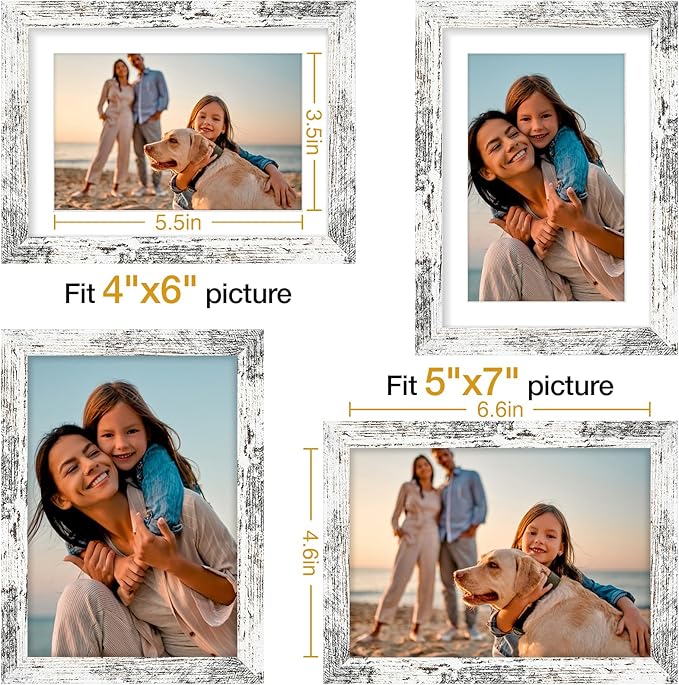 Vittanly 5x7 Picture Frame Set of 4, Display Pictures 4x6 with Mat or 5x7 without Mat, Engineered Wood with Shatter Resistant Plexiglass, Small Photo Frames for Wall or Tabletop, Distressed White