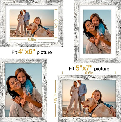 Vittanly 5x7 Picture Frame Set of 4, Display Pictures 4x6 with Mat or 5x7 without Mat, Engineered Wood with Shatter Resistant Plexiglass, Small Photo Frames for Wall or Tabletop, Distressed White