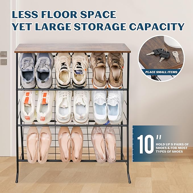 LOFTEY Shoe Rack, 4 Tier Slanted Shoe Stand, Narrow Shoe Rack for Entryway, Small Space, Slim Shoe Storage with Top Shelf, Rustic Brown