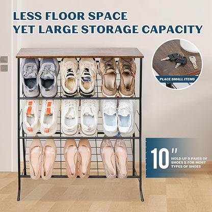 LOFTEY Shoe Rack, 4 Tier Slanted Shoe Stand, Narrow Shoe Rack for Entryway, Small Space, Slim Shoe Storage with Top Shelf, Rustic Brown