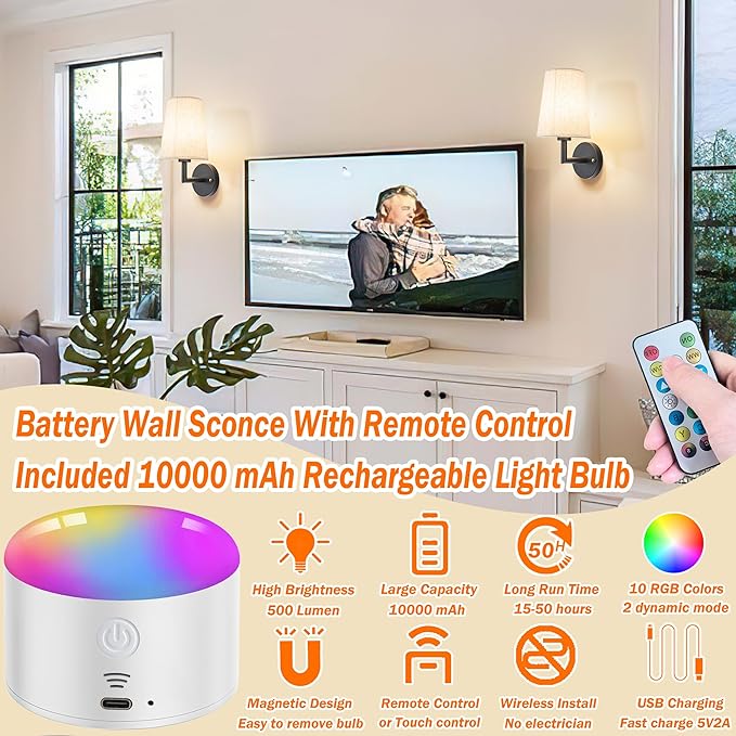 Wall Sconce Battery Operated Wall Light Fixure with Remote Control, Dimmable Battery Operated Wall Sconces Set Of Two, Indoor Wireless Wall Mounted Lamp with Rechargable Bulb For Bedroom Living Room (