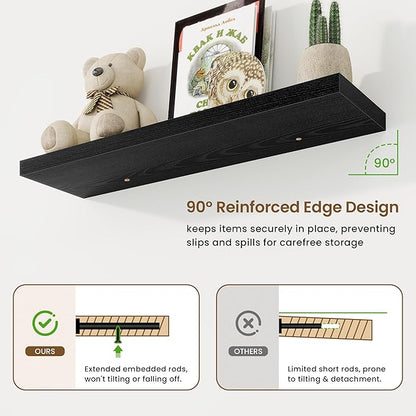 36in Floating Shelves for Wall, 36"W x 9.25"D x 1.25"H, 2 Pack Long Wall Mounted Engineered Wood Shelves with Invisible Brackets for Living Room, Bedroom, Bathroom, Kitchen Decor and Storage, Black
