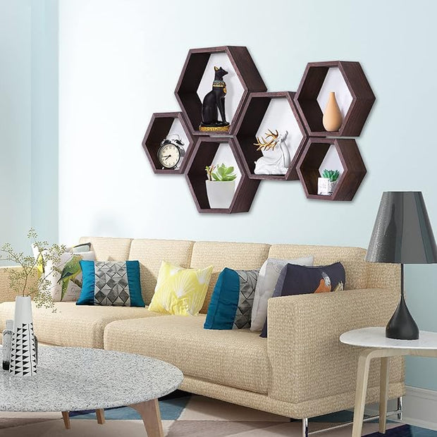 PHOENANCEE Hexagon Floating Shelves,Honeycomb Shelf Set of 3,Wood Farmhouse Hexagonal Decor Wall Storage for Living Room Bedroom Kitchen Office(Walnut)