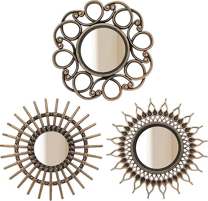Retro Gold Mirrors for Wall Pack of 3. Round Mirrors. Decorative Mirrors.Wall Mirrors for Decor Home Decor.Plastic Frames.Glass Mirrors.Make Old Gold Color.