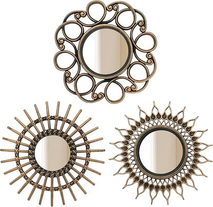 Retro Gold Mirrors for Wall Pack of 3. Round Mirrors. Decorative Mirrors.Wall Mirrors for Decor Home Decor.Plastic Frames.Glass Mirrors.Make Old Gold Color.