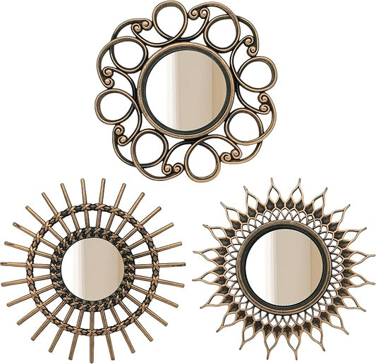 Retro Gold Mirrors for Wall Pack of 3. Round Mirrors. Decorative Mirrors.Wall Mirrors for Decor Home Decor.Plastic Frames.Glass Mirrors.Make Old Gold Color.