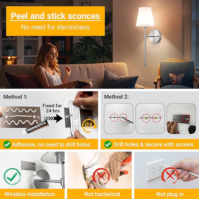 Peel and Stick Wall Sconces, Stick On Wall Sconce Set of 2, Battery Operated Wireless Wall Light, No Drill Adhesive Wall Lamp, Corn Bulb with 10000mAh Rechargeable Battery, Bedroom Wall Decor