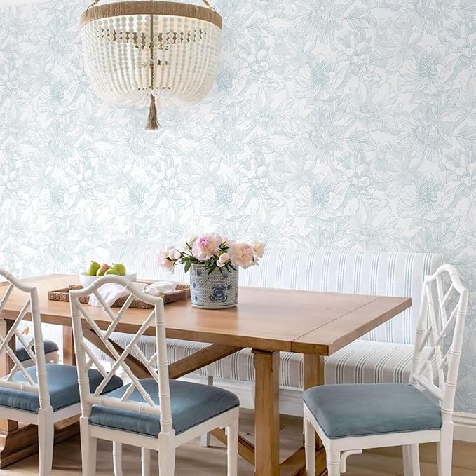 Ismoon Large Floral Peel and Stick Wallpaper Boho White and Blue Contact Paper 17.3inx32.7ft Modern Wall Paper Removable Self Adhesive Vinyl Wallpaper for Bedroom Cabinet Waterproof Mural Wall Decor