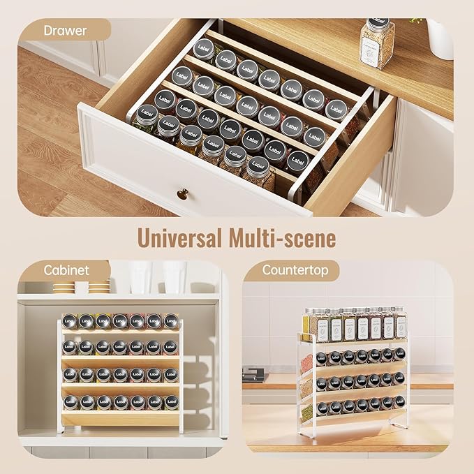 MUDEELA 4 Tier Spice Rack Organizer for Cabinet,Wooden Vertical Spice Shelf, Seasoning Organizer for Countertop, Kitchen, Pantry, Freestanding, 13.4